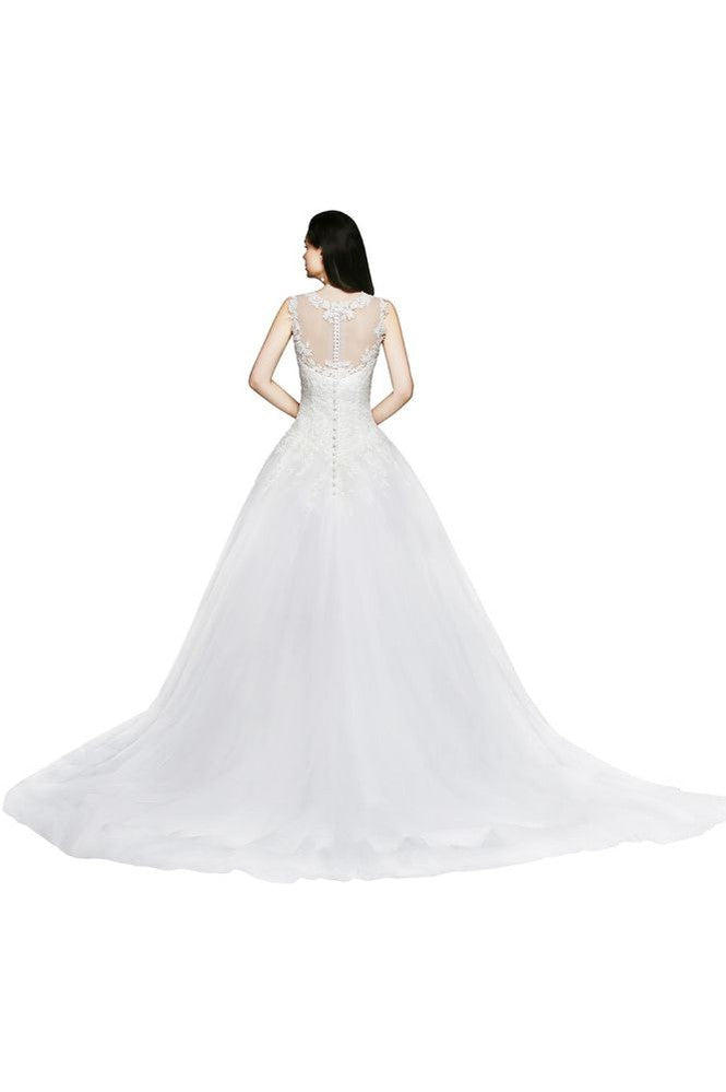 Lace Appliques Scoop Tulle Wedding Dress