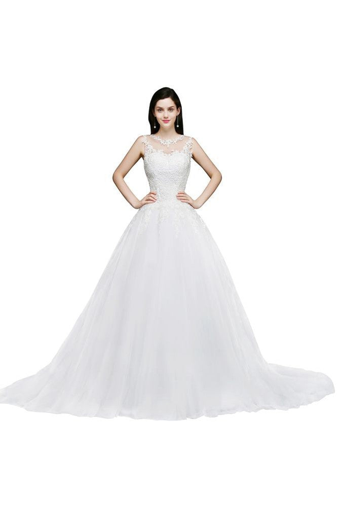 Lace Appliques Scoop Tulle Wedding Dress