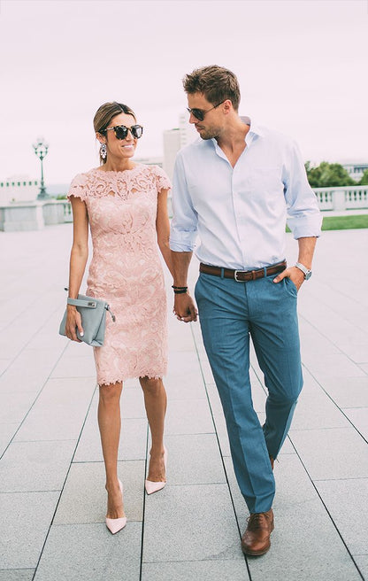 Lace Blushing Pink Formal Dresses Knee Length Wedding Party Dress