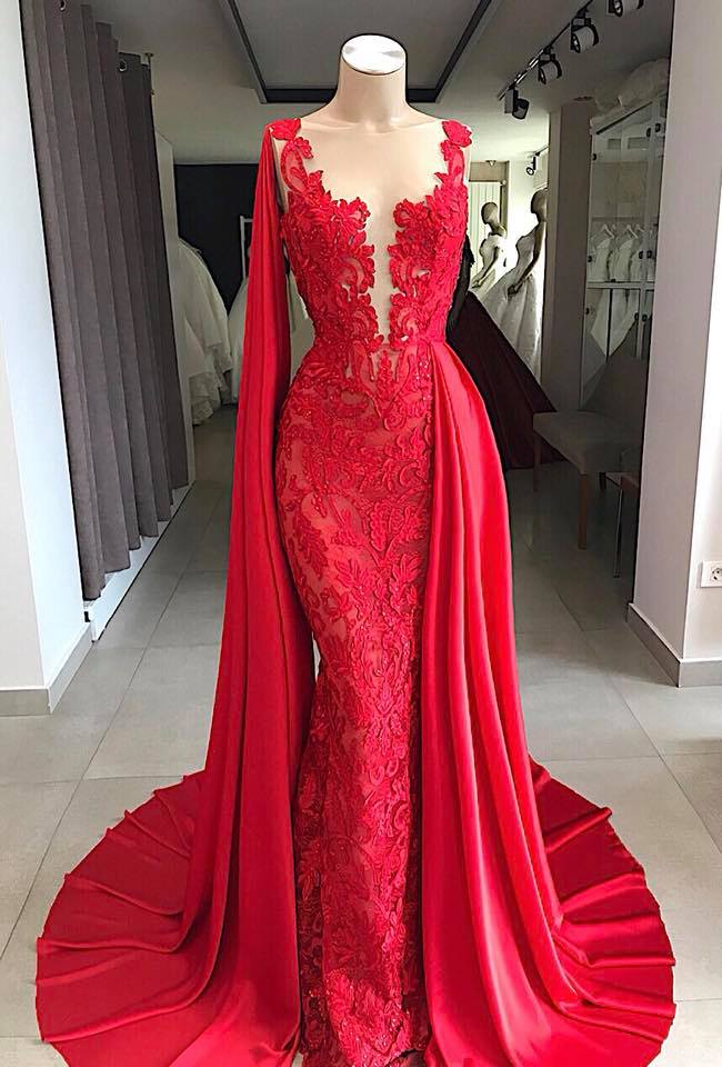 Vestidos de noche largos de encaje | Vestidos de fiesta rojos sin mangas con capa