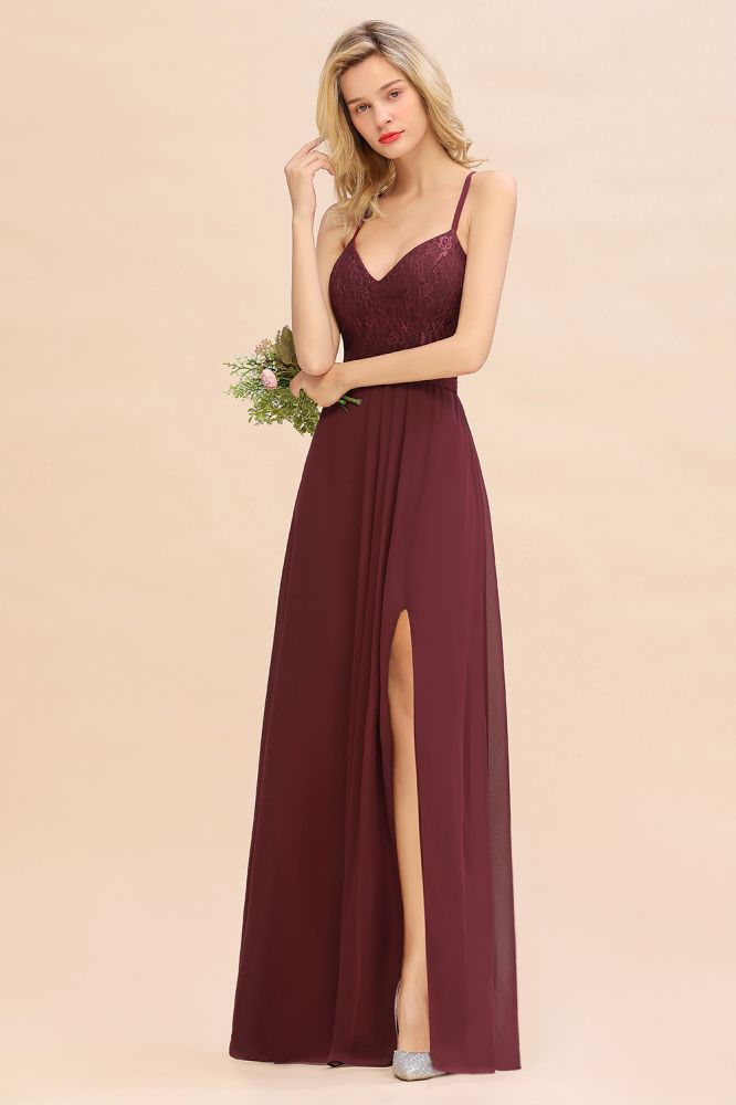 Lace Spaghetti Straps Prom Dresses | A-Line Sleeveless Side Split Evening Dresses