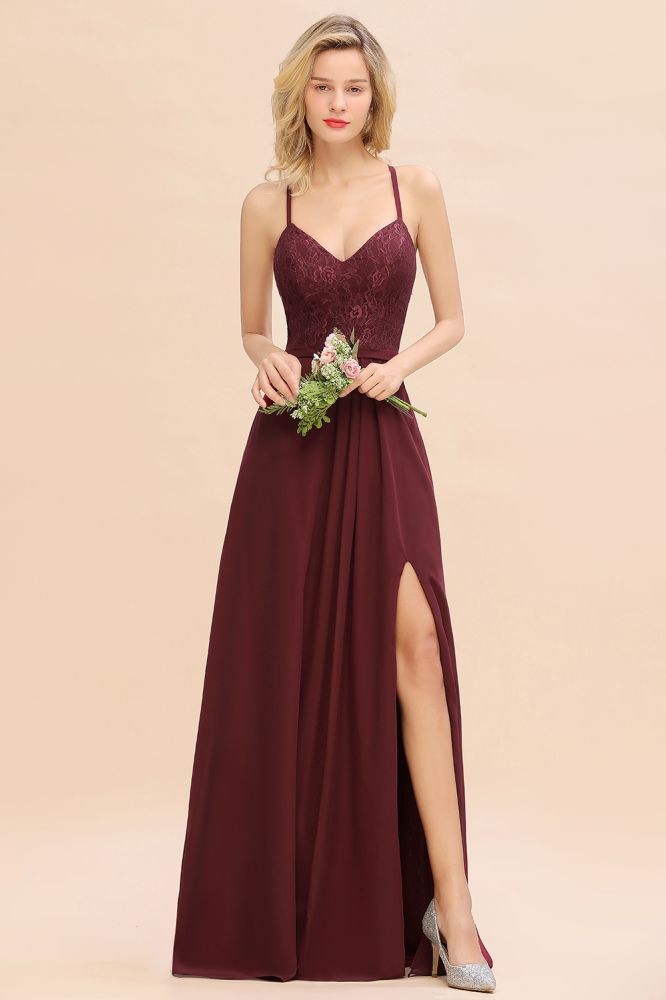 Lace Spaghetti Straps Prom Dresses | A-Line Sleeveless Side Split Evening Dresses