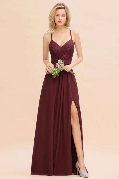 Lace Spaghetti Straps Prom Dresses | A-Line Sleeveless Side Split Evening Dresses