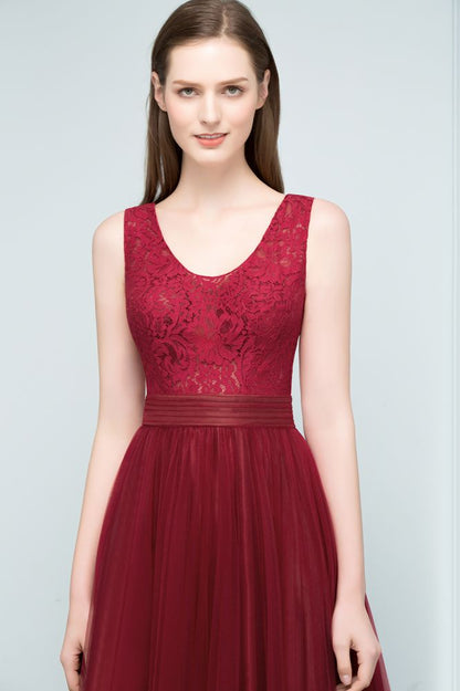 Lace Top Burgundy A-line Scoop Long Sleevless Tulle Prom Dresses