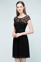 Vestidos de dama de honor cortos de corte A con escote redondo y gasa con parte superior de encaje