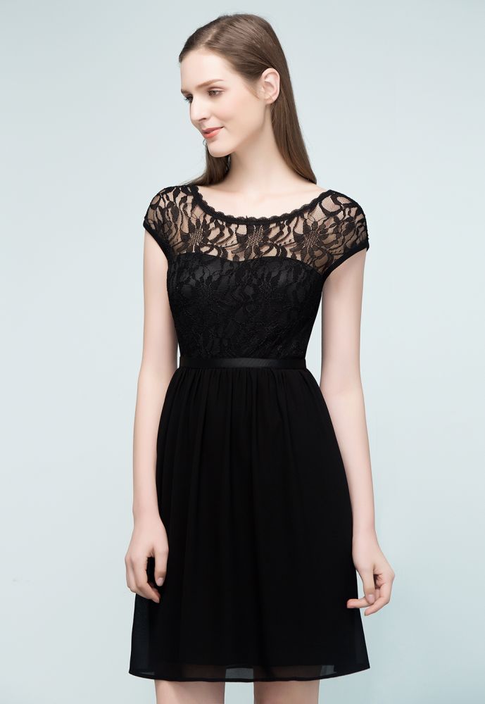 Vestidos de dama de honor cortos de corte A con escote redondo y gasa con parte superior de encaje