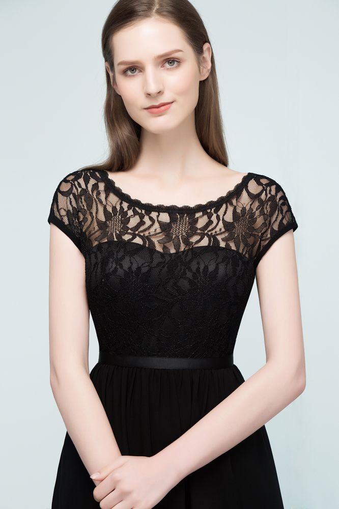 Vestidos de dama de honor cortos de corte A con escote redondo y gasa con parte superior de encaje
