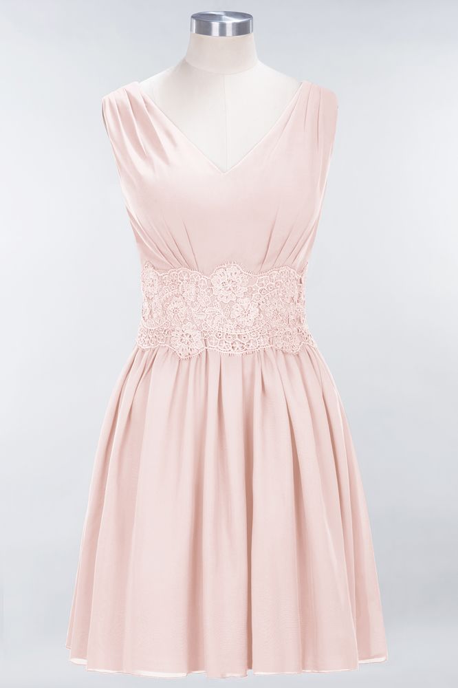 Minivestido de dama de honor de encaje con escote en V y sin mangas, corte A, de gasa, para regreso a casa