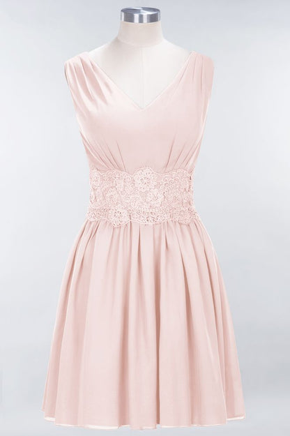 Lace V-Neck Sleeveless Mini Bridesmaid Dresses A-line Chiffon Homecoming Dress