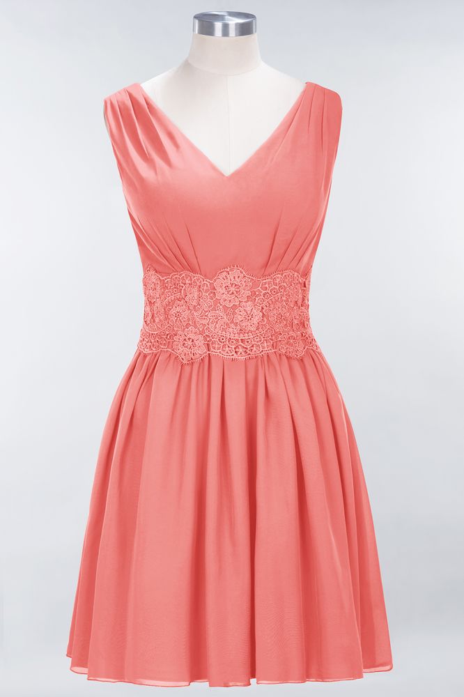 Minivestido de dama de honor de encaje con escote en V y sin mangas, corte A, de gasa, para regreso a casa