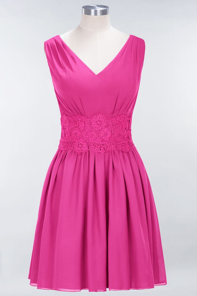 Minivestido de dama de honor de encaje con escote en V y sin mangas, corte A, de gasa, para regreso a casa