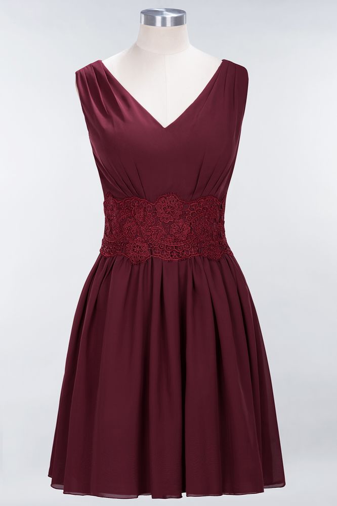 Minivestido de dama de honor de encaje con escote en V y sin mangas, corte A, de gasa, para regreso a casa