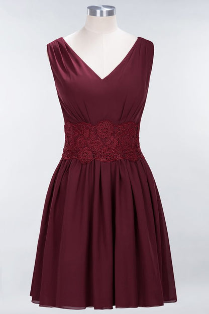 Lace V-Neck Sleeveless Mini Bridesmaid Dresses A-line Chiffon Homecoming Dress