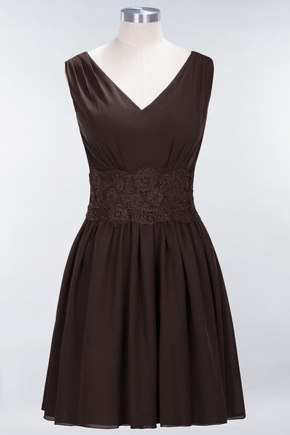 Lace V-Neck Sleeveless Mini Bridesmaid Dresses A-line Chiffon Homecoming Dress