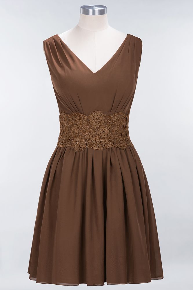 Minivestido de dama de honor de encaje con escote en V y sin mangas, corte A, de gasa, para regreso a casa