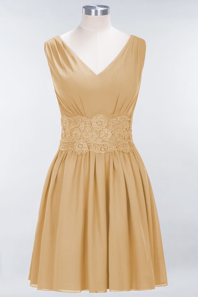 Minivestido de dama de honor de encaje con escote en V y sin mangas, corte A, de gasa, para regreso a casa