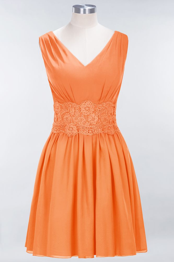 Minivestido de dama de honor de encaje con escote en V y sin mangas, corte A, de gasa, para regreso a casa
