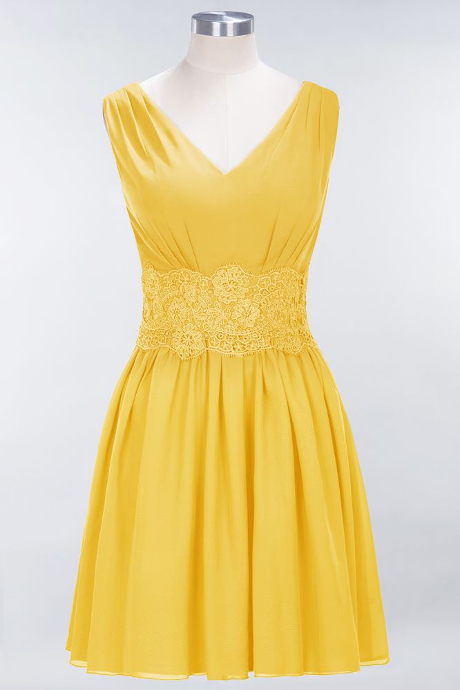 Minivestido de dama de honor de encaje con escote en V y sin mangas, corte A, de gasa, para regreso a casa