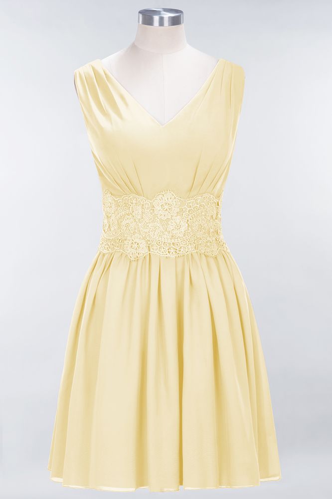Minivestido de dama de honor de encaje con escote en V y sin mangas, corte A, de gasa, para regreso a casa