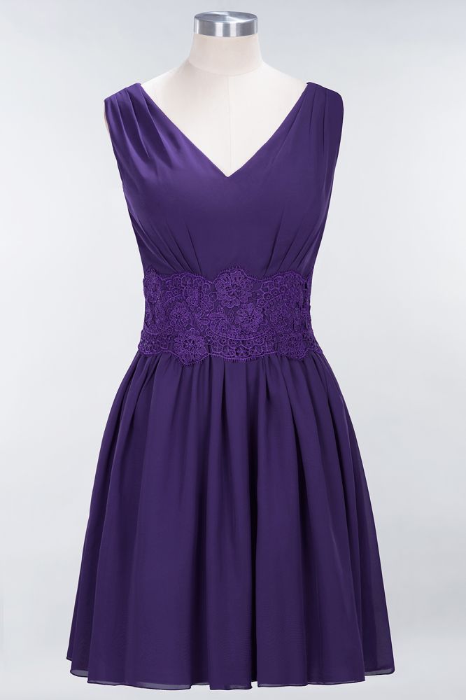 Lace V-Neck Sleeveless Mini Bridesmaid Dresses A-line Chiffon Homecoming Dress