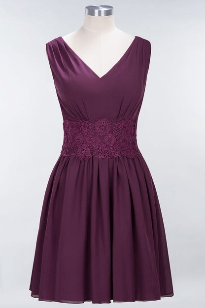 Lace V-Neck Sleeveless Mini Bridesmaid Dresses A-line Chiffon Homecoming Dress