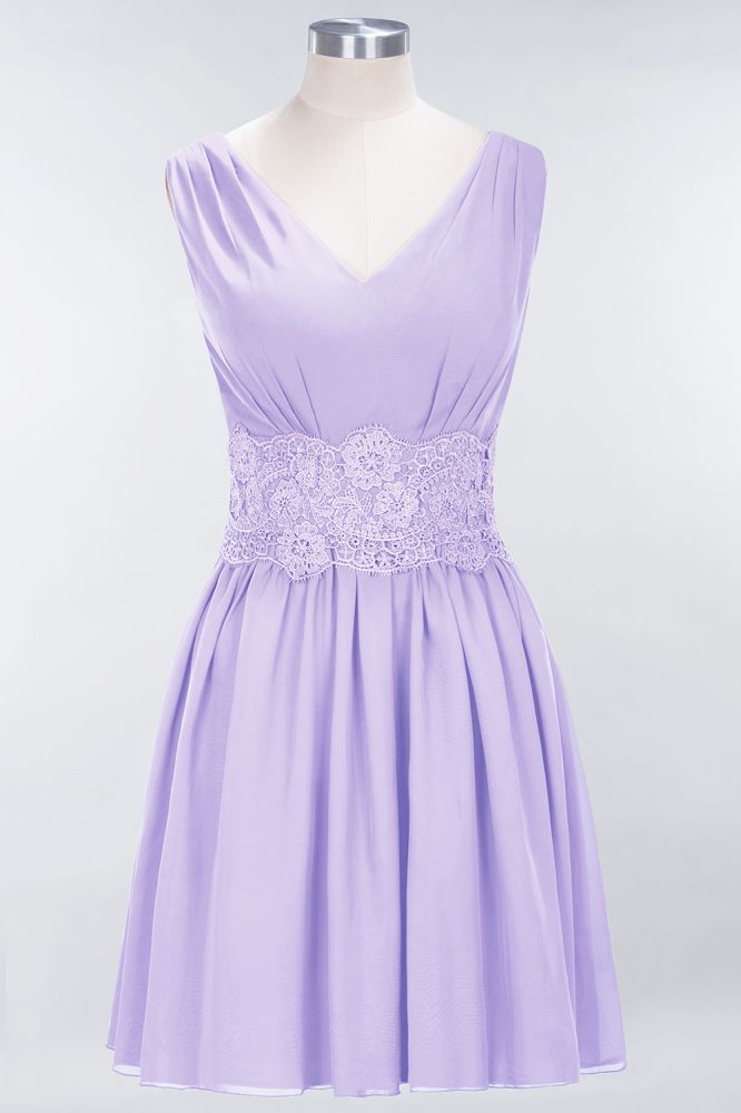 Minivestido de dama de honor de encaje con escote en V y sin mangas, corte A, de gasa, para regreso a casa