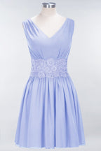Minivestido de dama de honor de encaje con escote en V y sin mangas, corte A, de gasa, para regreso a casa