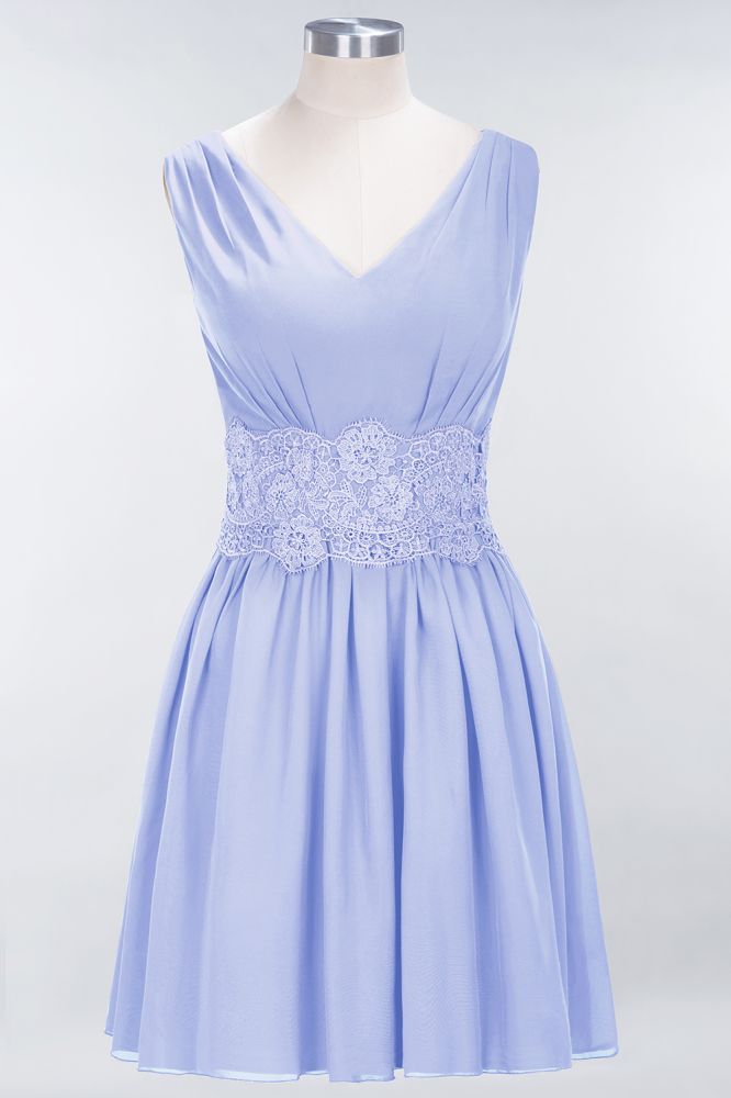 Minivestido de dama de honor de encaje con escote en V y sin mangas, corte A, de gasa, para regreso a casa