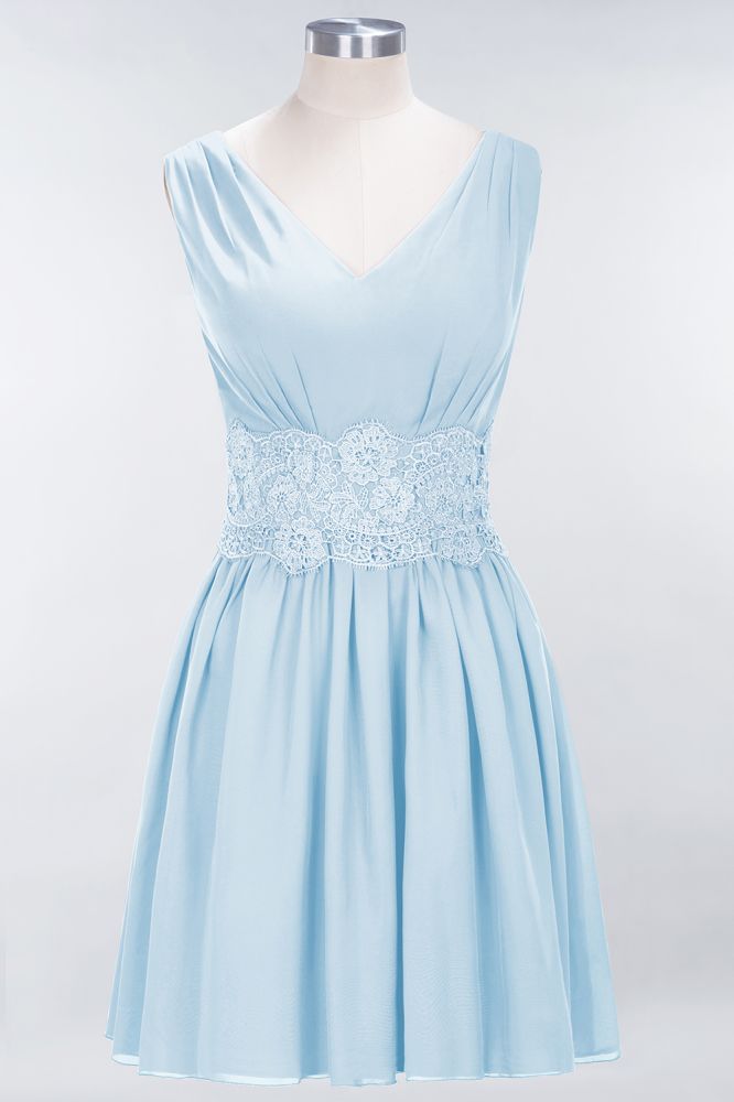 Minivestido de dama de honor de encaje con escote en V y sin mangas, corte A, de gasa, para regreso a casa