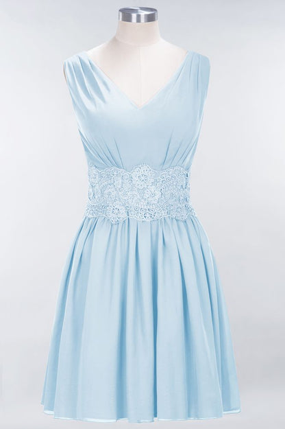 Lace V-Neck Sleeveless Mini Bridesmaid Dresses A-line Chiffon Homecoming Dress