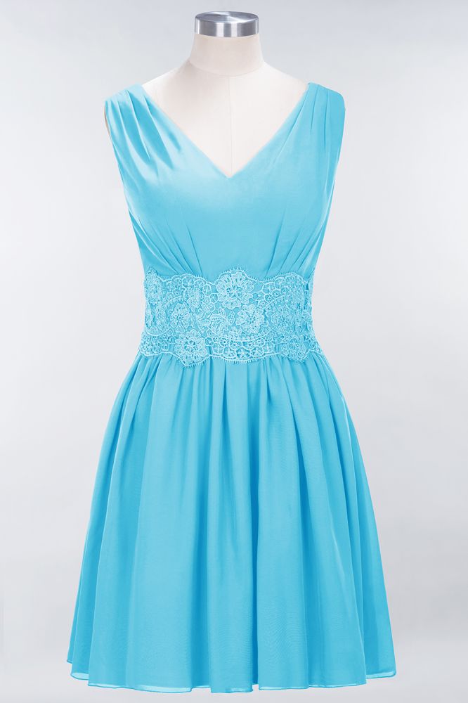 Minivestido de dama de honor de encaje con escote en V y sin mangas, corte A, de gasa, para regreso a casa