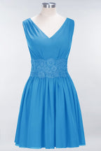 Minivestido de dama de honor de encaje con escote en V y sin mangas, corte A, de gasa, para regreso a casa