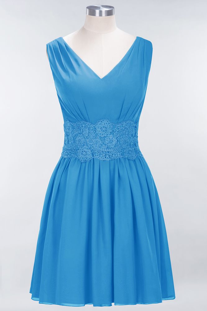 Minivestido de dama de honor de encaje con escote en V y sin mangas, corte A, de gasa, para regreso a casa