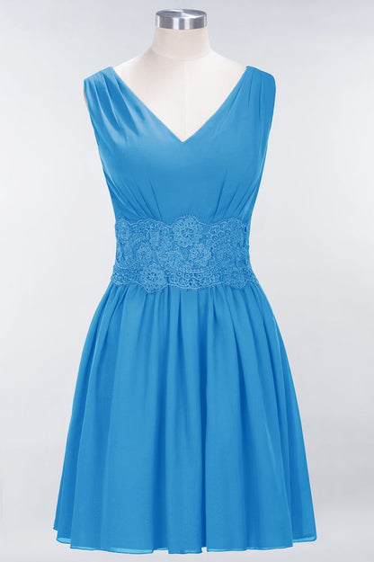 Lace V-Neck Sleeveless Mini Bridesmaid Dresses A-line Chiffon Homecoming Dress