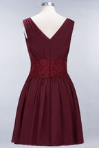 Minivestido de dama de honor de encaje con escote en V y sin mangas, corte A, de gasa, para regreso a casa