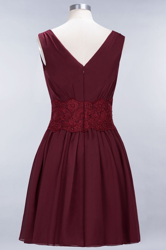 Minivestido de dama de honor de encaje con escote en V y sin mangas, corte A, de gasa, para regreso a casa