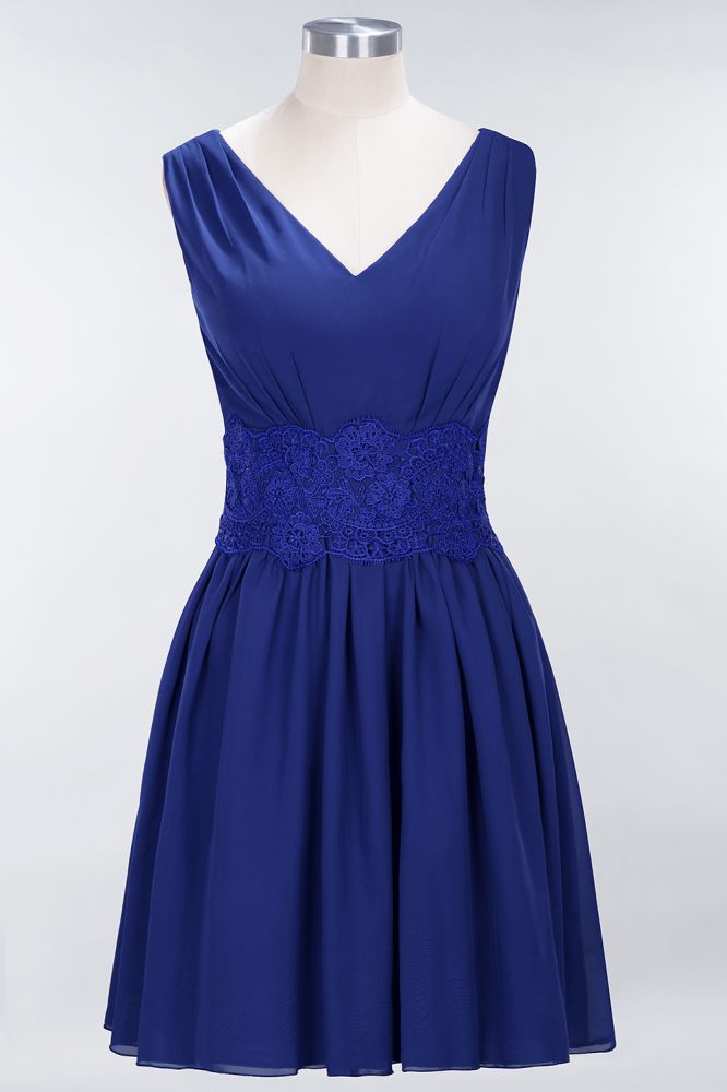 Minivestido de dama de honor de encaje con escote en V y sin mangas, corte A, de gasa, para regreso a casa