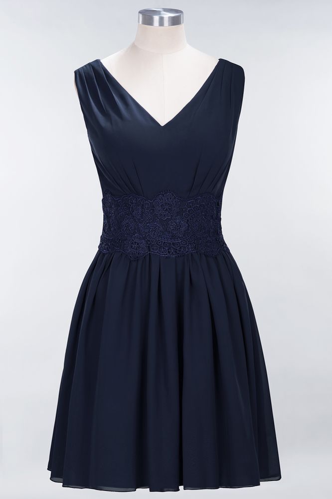 Minivestido de dama de honor de encaje con escote en V y sin mangas, corte A, de gasa, para regreso a casa