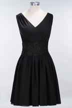 Minivestido de dama de honor de encaje con escote en V y sin mangas, corte A, de gasa, para regreso a casa