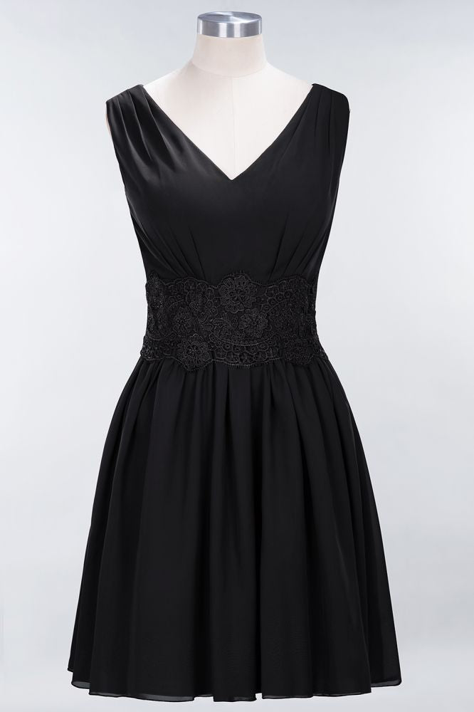 Minivestido de dama de honor de encaje con escote en V y sin mangas, corte A, de gasa, para regreso a casa