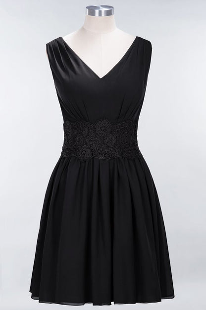 Lace V-Neck Sleeveless Mini Bridesmaid Dresses A-line Chiffon Homecoming Dress