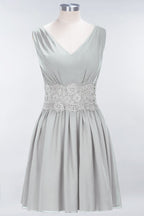 Minivestido de dama de honor de encaje con escote en V y sin mangas, corte A, de gasa, para regreso a casa