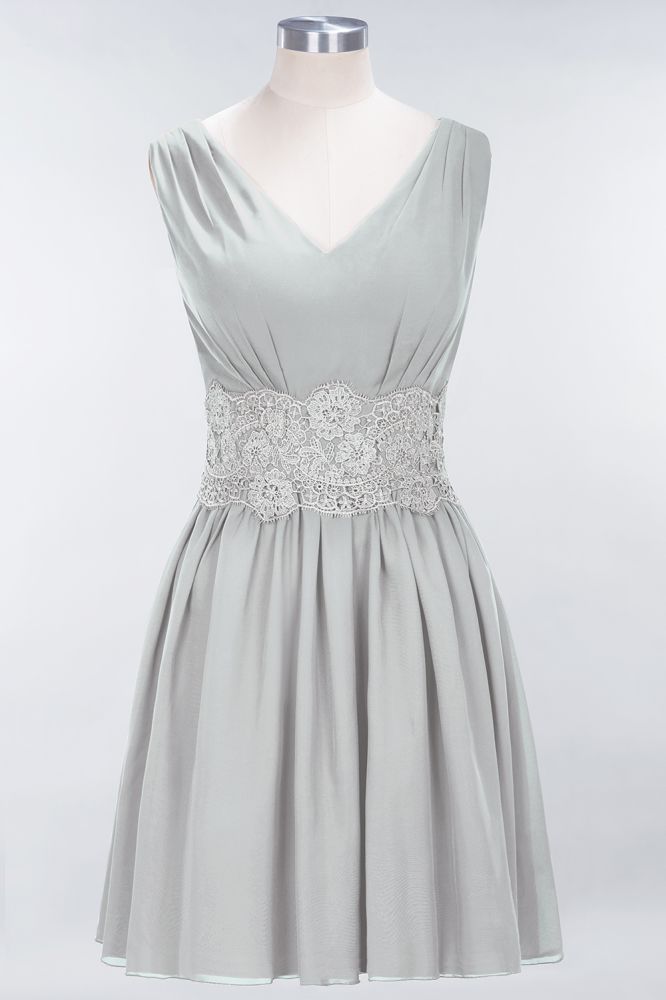 Minivestido de dama de honor de encaje con escote en V y sin mangas, corte A, de gasa, para regreso a casa
