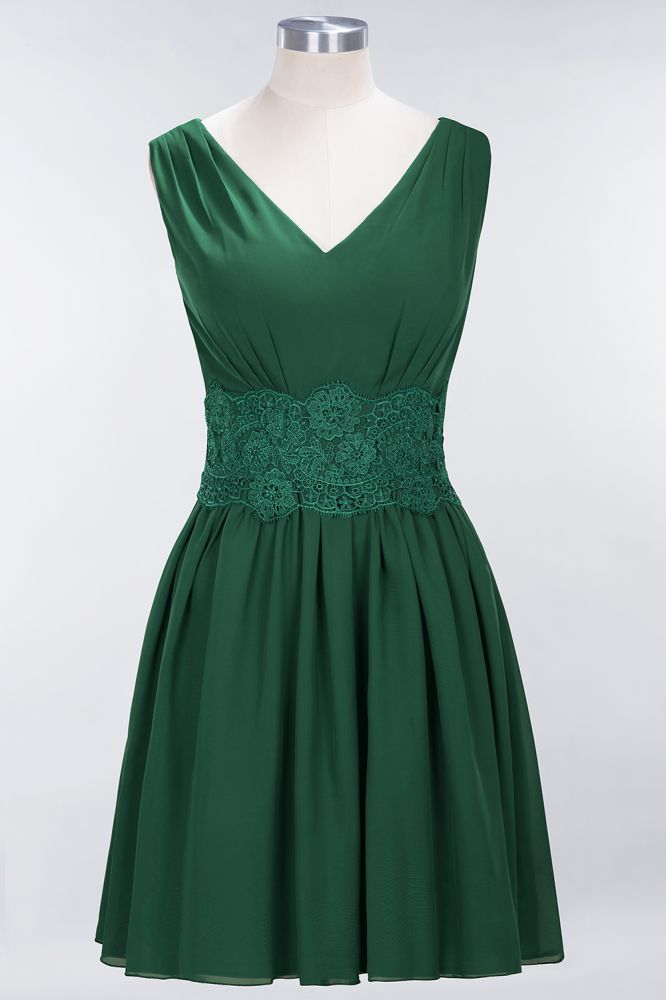 Minivestido de dama de honor de encaje con escote en V y sin mangas, corte A, de gasa, para regreso a casa