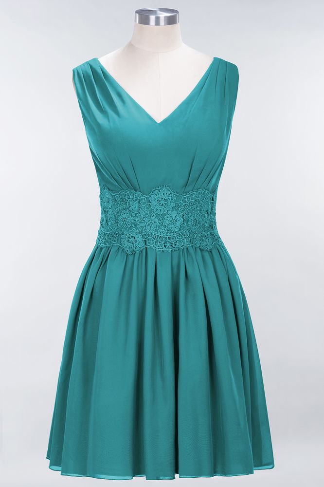Minivestido de dama de honor de encaje con escote en V y sin mangas, corte A, de gasa, para regreso a casa