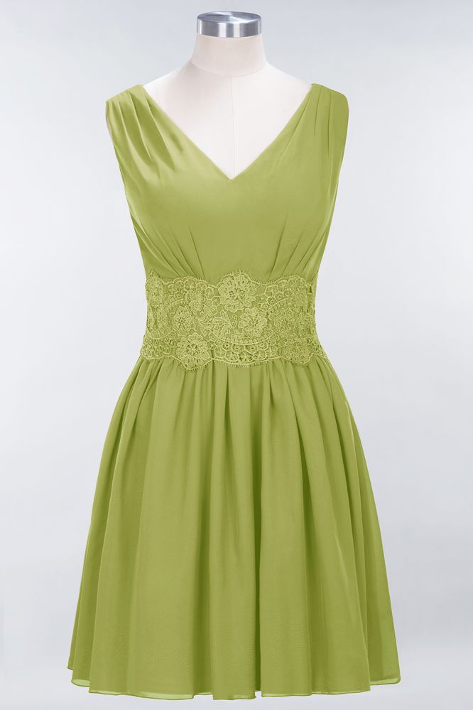 Minivestido de dama de honor de encaje con escote en V y sin mangas, corte A, de gasa, para regreso a casa