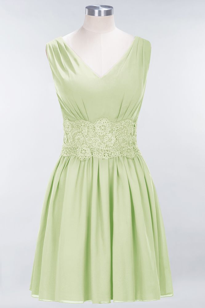 Minivestido de dama de honor de encaje con escote en V y sin mangas, corte A, de gasa, para regreso a casa