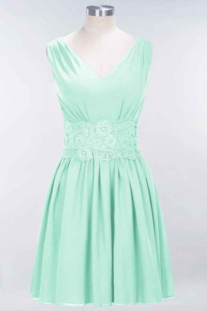 Minivestido de dama de honor de encaje con escote en V y sin mangas, corte A, de gasa, para regreso a casa