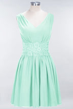 Minivestido de dama de honor de encaje con escote en V y sin mangas, corte A, de gasa, para regreso a casa