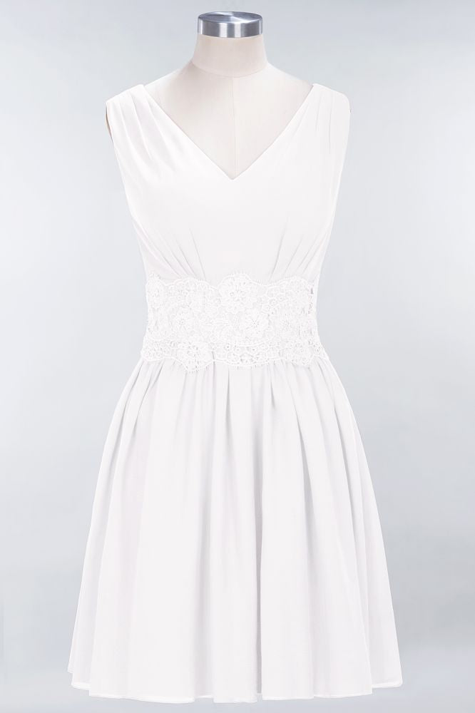 Minivestido de dama de honor de encaje con escote en V y sin mangas, corte A, de gasa, para regreso a casa